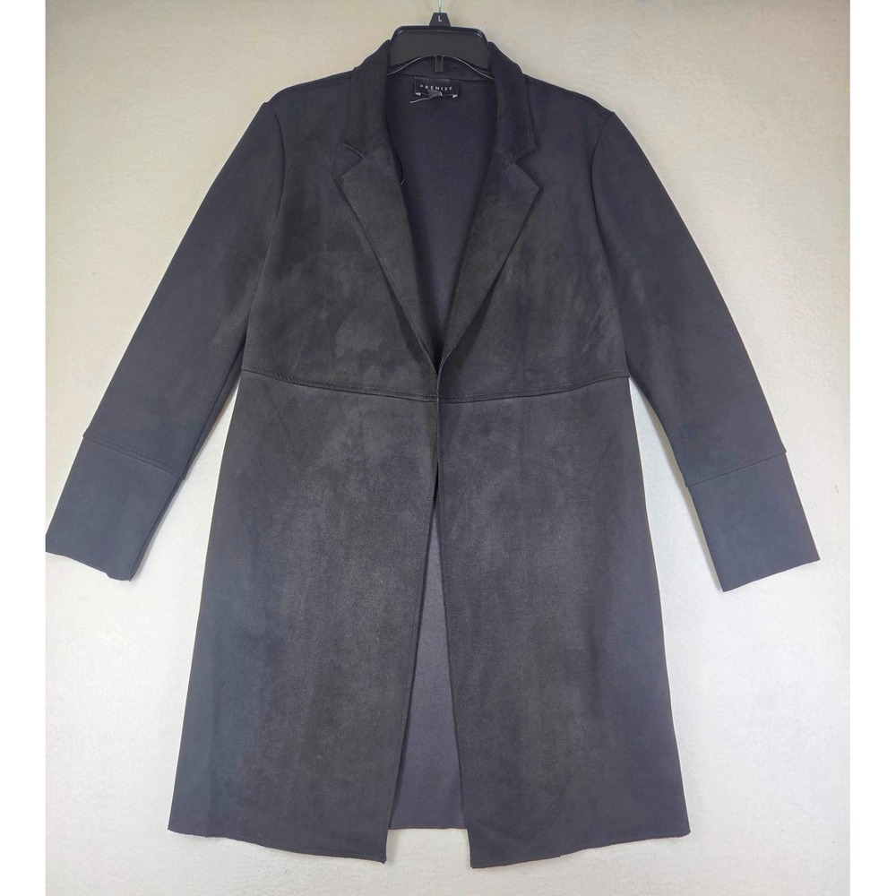 Premise Womens Black Faux Suede Open Front Notched Lapel Coat Jacket Size M